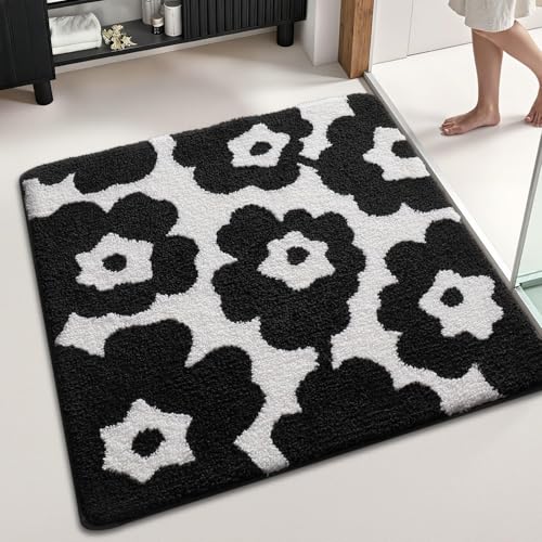 LUMI Floral Bathroom Rugs, Soft Absorbent Square Bath Mat, Non-Slip Quick Dry Luxury Rug, Flower Black White Mats for Shower Floor, Bathtub, Home Decor, Modern Aesthetic, 26"x26" - color: A-flower Black, size: 26"x26"(Square)