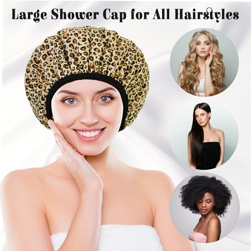 Shower Cap for Women, Shower Caps Reusable Waterproof, Large Plastic Satin Lined Shower Cap for Braids Long Hair - color: Leopard stripes