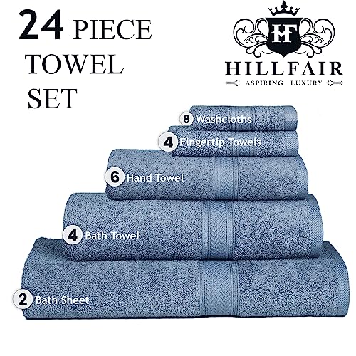 HILLFAIR 24 Piece Bath Towels Set for Bathroom- 100% Cotton 24 PC Bulk Pack Hotel Spa Towel Set- 2 XXL Oversized Big Towels, 4 Bath Towels, 6 Hand Towels, 4 Fingertip Towels, 8 Washcloths: Blue - color: Wedgewood Blue, size: 24 PC Bath Towel Family Set