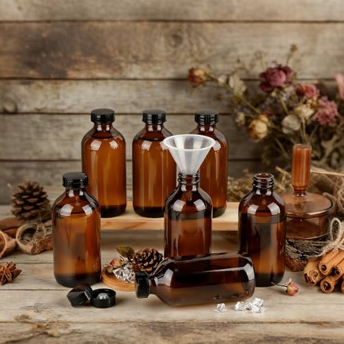 PINIWON 24 Pack 8 oz Amber Glass Bottles, 240ml Boston Round Sample Bottles with Black Poly Cone Caps, Labels and Funnels - color: Amber-24 pack
