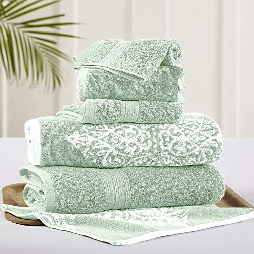 Modern Threads 6 Piece Reversible Yarn Dyed Jacquard Towel Set Artesia Damask Sage - color: Sage