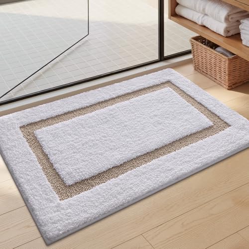 Color&Geometry Extra Soft Absorbent Microfiber Bath Rugs, Non-Slip Bathroom mat, Small Washable Plush Bath Mats for Bathroom, Shower, Tub, Laundry, 17x30, White and Khaki - color: B, size: 17"x30"