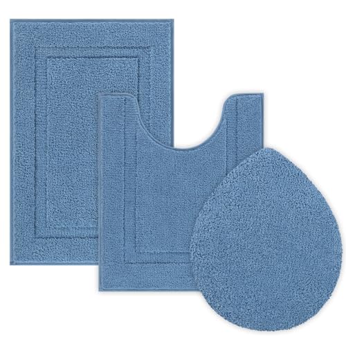 SHACOS Bathroom Rugs Sets 3 Piece with Toilet Lid Cover | 20"x32"Bath Mat and 20"x24" U-Shape Contoured Toilet Mat Machine Washable Shaggy Absorbent Bath Rugs(Blue) - color: Blue, size: 20"x32"+U-Shape 20"x24"+Lid Cover 19"x21"