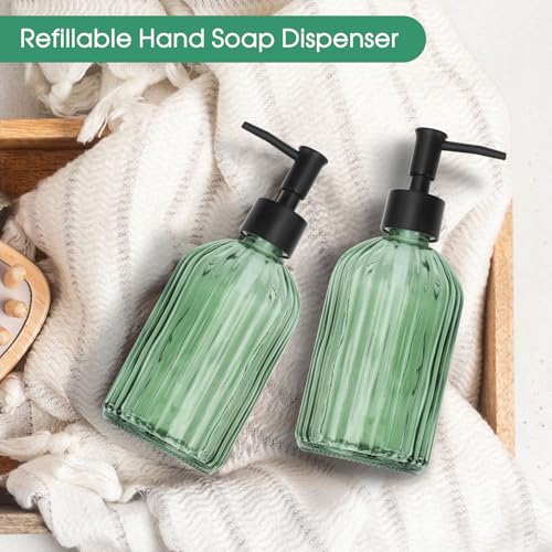 Topsky 2 Pack Glass Soap Dispenser with Plastic Pump, 400ml Liquid Hand Soap Dispenser, Rustproof Pump for Kitchen & Bathroom, Great for Lotions, Essential Oil, Liquid Soaps,Army Green - color: Stripe-green, size: Plastic Pump