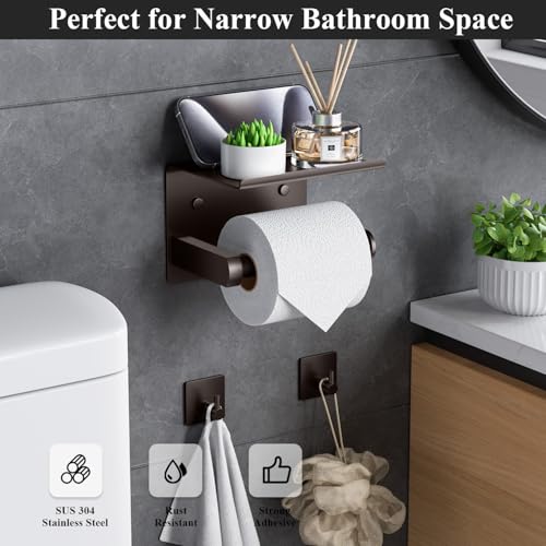 Tindbea Toilet Paper Holder with Phone Shelf + Towel Robe Hooks, Adhesive or Screw Wall Mounted Toilet Paper Roll Storage Dispenser, Stainless Steel Bathroom Tissue Roll Holder (Bronze) - color: Bronze, size: Regular