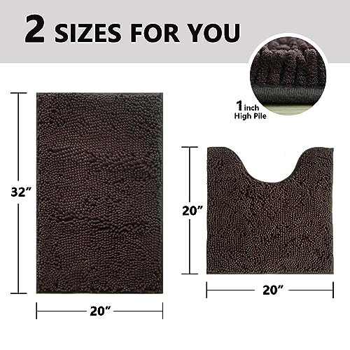 BOANKODU Bathroom Mat Sets 2 Piece, Absorbent Non-Slip Very Soft Chenille Mat, 32x20 Inch + 20x20 Inch U Shape, Machine Washable (Coffee) - color: Coffee, size: 20" x 32" + 20" x 20" (U-Shape)