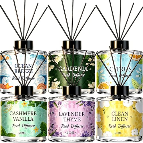6 Pack Reed Diffuser Sets, Essential Oil Reed Diffusers for Home with 30 Sticks, Long Lasting Scent, Gift Ready Fragrance Diffuser for Bedroom, Bathroom, Office, Home Decor (1.69oz Each)