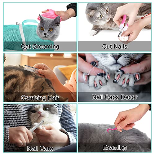 JULMELON 10 PCS Cat Washing Bag for Bath Shower Adjustable Net Grooming Set | Pet Brush Nail Clipper File, Hair Combs Tick Tool, Nail Caps, Bathing Trimming Examination, Pink and Green - color: Pink+Green