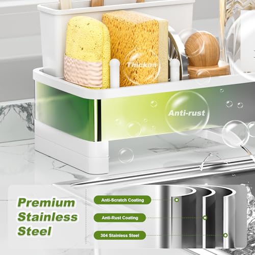 Ewaiira Stainless Steel Sink Caddy, Sponge Holder for Kitchen Sink with Brush Holder & Dishcloth Rack, Rustproof Organizer Countertop, Soap Dispenser Kitchen Organizers Storage Essentials, White 9.8″ - color: B-white
