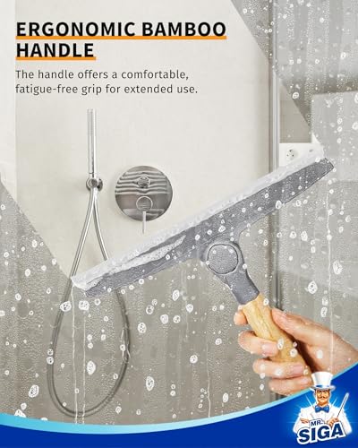 MR.SIGA All Purpose Silicone Squeegee for Shower Door, Mirror, Glass, Streak Free Shower Squeegee, Pivoting Bamboo Handle, Includes 1 Suction Hook, 10 inch Wide, Gray, 1 Pack - color: Gray