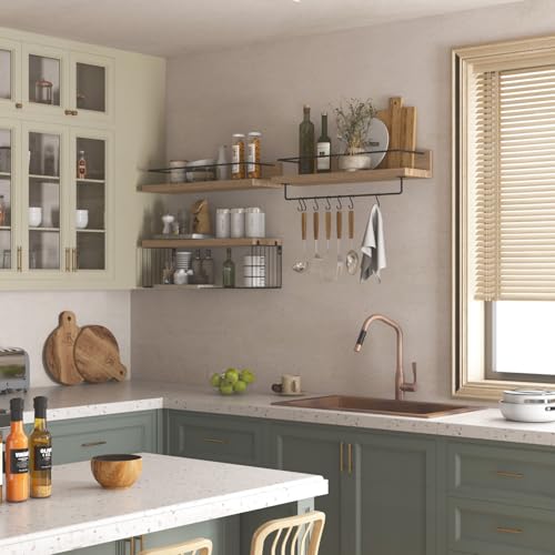 PopiShelves 22.5 inches Bathroom Shelves Over Toilet for Wall, Floating Shelves with Storage Basket Paper Holer for Kitchen Living Room, Bedroom & Classroom, Set of 3 (Nature Wood) - color: Nature Wood, size: 22.5"