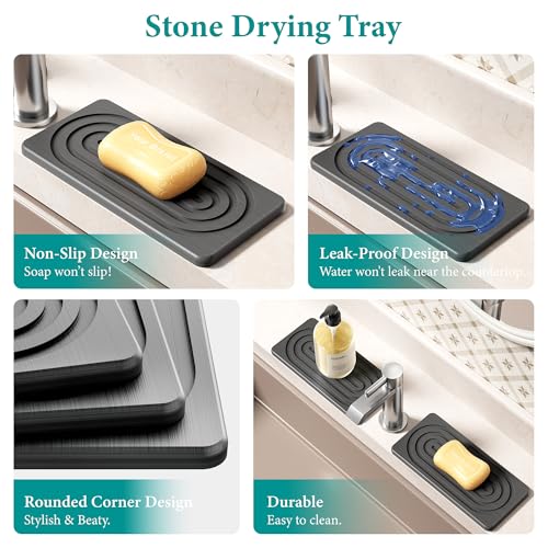 Water Absorbing Stone Tray, Quick Drying Diatomite Bathroom Tray Countertop, Stone Drying Mat for Kitchen Counter, Soap Dish Dispenser Vanity Organizer, Dark Grey-A-12.2" x 4" - color: 12.2" X 4"-Dark Grey-A