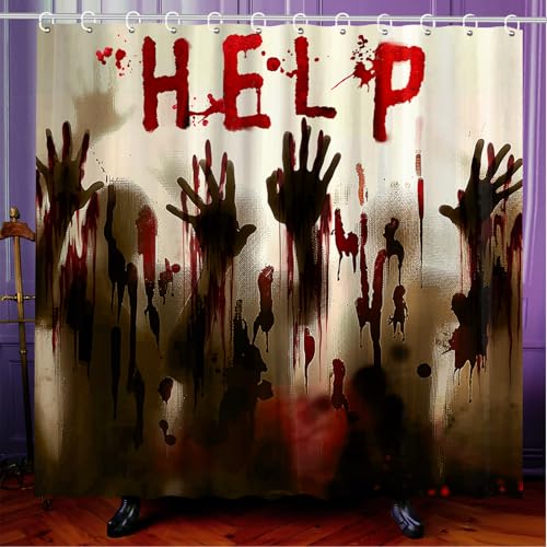 FuWeave 8 Pcs Halloween Help Me Shower Curtain Set for Bathroom Include Scary Ghost Shadow Bloody Hands Shower Curtain Towels Non Slip Rugs Toilet Lid Cover Bath Mat and 12 Hooks for Bathroom Decor - color: Bloody Hand