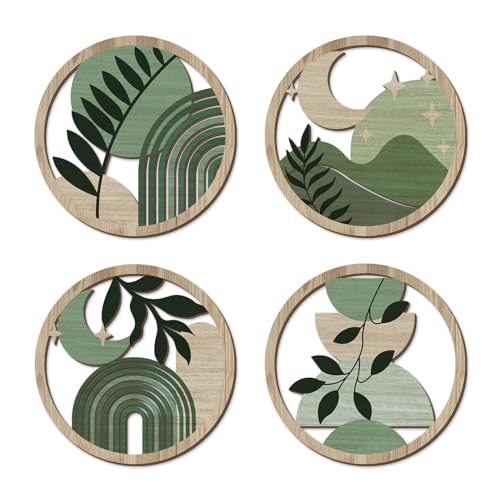TOARTi 4PCS Green Botanical Wooden Wall Art Bohemian Hanging Art Farmhouse Geometric Wooden Wall Decor Aesthetic Plants Artwork Boho Minimalist Wall Decor for Bedroom Living Room - color: Boho Green Wooden Wall Art