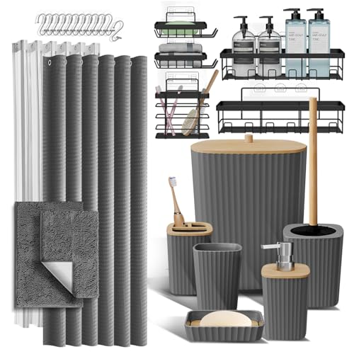 Clara Clark Bathroom Accessories Set - 27PC Bathroom Set with Adhesive Corner Shower Caddy Hanging, Bathroom Sets with Shower Curtain and Rugs, Grey Shower Curtain Set with Bathroom Trash Can - color: Grey, size: Complete Set + Bath Rug + Shower Caddy