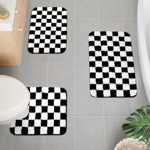 Uphome Bathroom Rugs Set 3 Piece, Black and White Checkered Bath Mat Set Non Slip Machine Washable, Soft Plush Microfiber Bathroom Mat with U Shaped Toilet for Tub, Shower - size: 18x25+20x31+U Shape 20x24 inch