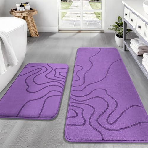 YIHOUSE Memory Foam Bathroom Rugs Sets 2 Piece - Extra Thick Ultra Soft Absorbent Bath Mat Set, Non-Slip Machine Washable Bath Rugs for Bathroom, Tub & Shower, Home Decor (17"x24"+20"x46", Purple) - color: Purple, size: 1'5" x 3'10" (17"x24"+20"x46")