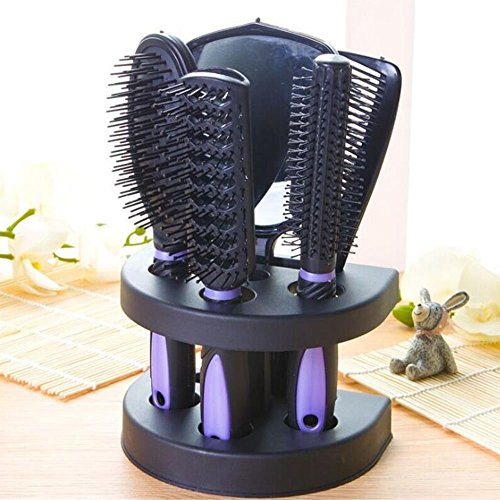 5 Pcs Hair Combs Set Professional Salon Hair Cutting Brushes Sets Salon Hairdressing Styling Tool Mirror And Holder Stand Set Dressing Comb Kits for Women and Men,Purple - color: Purple