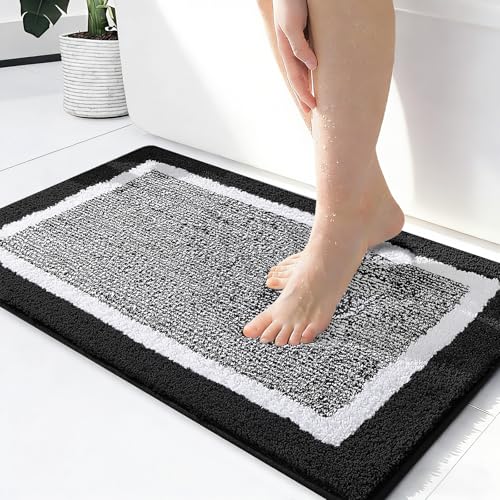 OLANLY Small Bathroom Rugs 24x16, Extra Soft and Absorbent Microfiber Bath Rugs, Non-Slip, Machine Washable, Quick Dry Shaggy Bath Carpet, Bath Mats for Bathroom Floor, Tub, Shower, Black - color: Black and White, size: 24" X 16"