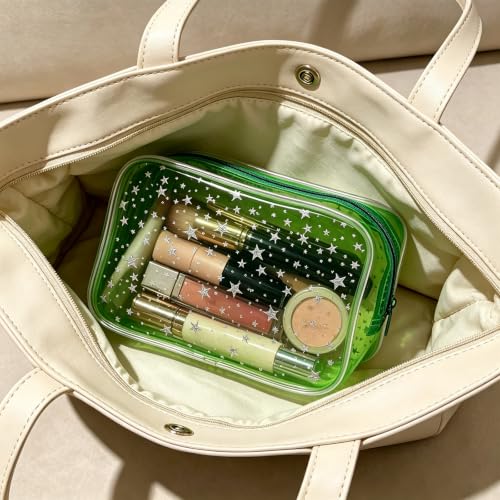 Waterproof Makeup Bag with Silver Stars, Pink Clear Cosmetic Pouch, 7x2.3x4.7 Inches, TSA Approved Travel Toiletry Organizer, 2 Pack (Green+Star) - color: Green+Star