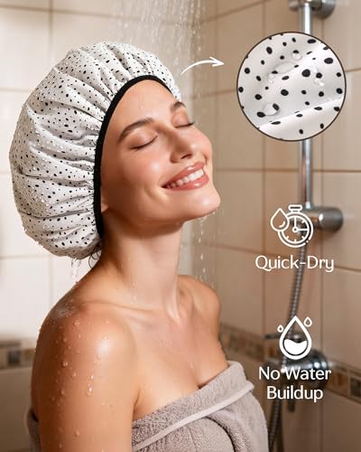 Yanibest Shower Cap for Women - Frizz Free Satin Lined Shower Cap Waterproof Large Double Layer Reusable with Soft Elastic Band for Braids Long Hair - color: White