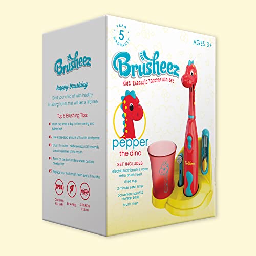 Brusheez Kids’ Electric Toothbrush Set - Safe & Effective for Ages 3+ - Parent Tested & Approved with Gentle Bristles, 2 Brush Heads, Rinse Cup, 2-Minute Timer, & Storage Base (Pepper the Dino) - color: Pepper the Dino
