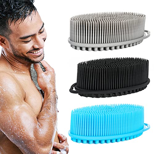 Set of 3 Silicone Body Scrubber Loofah Soft Exfoliating Body Bath Shower Scrubber Loofsh Brush (Black+Gray+Blue 010) - size: Colors: Black, Gray, Blue 010