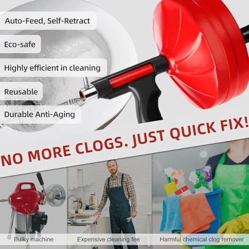 Drain Snake Auger, 50 Feet Flexible Plumbing Snake with 1/4" Drill Adapter, Manual or Drill Powered Drain Cleaner for Kitchen Sink, Bathroom & Shower Drains, Includes Gloves Storage Bag, Red - color: Red-50FT