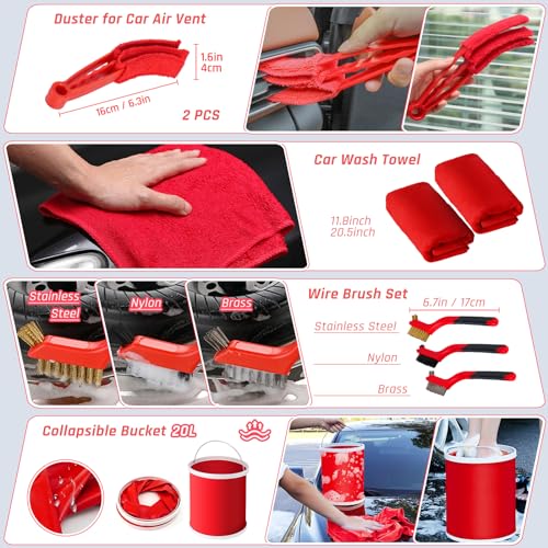 55PCS Car Detailing Kit Interior Cleaner with High Power Handheld Vacuum, Car Detailing Brush Set, Car Cleaning Kit, Drill Brush Set, Car Cleaning Tools Brushes for Interior, Exterior, Wheels - color: Red