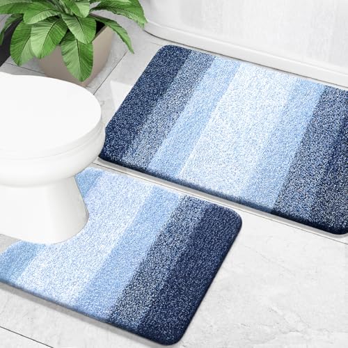 OLANLY Bathroom Rug Set 2 Piece, Soft Absorbent Microfiber Bath Mats and U-Shaped Contour Toilet Rug, Non-Slip, Machine Wash Dry, Plush Shaggy Bath Mats for Bathroom (24"x16"+24"x20", Navy) - color: Navy, size: 24" X 16" + U24" X 20"