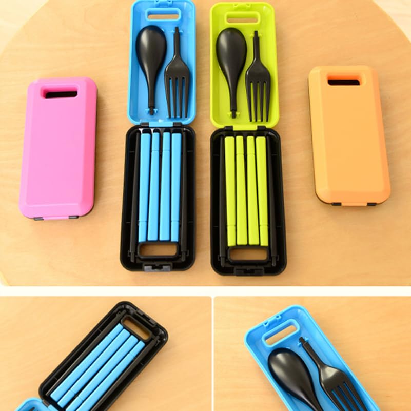 Unomor Portable Folding Tableware Set with Case 3-Piece Plastic Cutlery Set with Chopsticks Fork and Spoon Lightweight Travel Cutlery for Camping Outdoor Dining Lunch 4.72 X 2.36 X 0.90 in