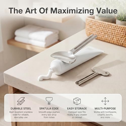 2-in-1 Stainless Steel Toothpaste Squeezer Set, Metal Tube Key & Spatula Scraper, Reusable Tube Wringer Roller Dispenser Tool for Toothpaste, Ointment, Cream, Paint, Cosmetic (2 Pack, Silver)