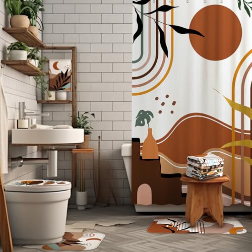 Tatuo 8 Pcs Mid Century Shower Curtain Set Boho Theme Bathroom Accessories Sets Decor Minimalist Modern Waterproof Shower Curtain with Towels Carpet Bath Mat Toilet Rugs and 12 Hooks - style: Boho
