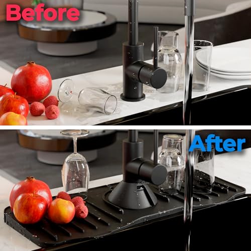 Black Kitchen Sink Splash Guard Behind Faucet. Food-Grade Silicone Kitchen Faucet Splash Guard for Bathroom, RV. Durable Faucet Absorbent Mat for Kitchen Sink with Flexible Petals, Grooves