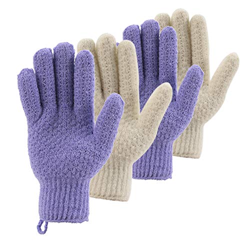 Bath Exfoliating Gloves Scrub - 4 pcs(2 pairs) Lengthened and Large Exfoliating Scrubbing Gloves for Shower, Spa, Massage - Scrub Exfoliating Mitts for Body, Face, Hand （Purple and Beige） - color: Purple and Beige