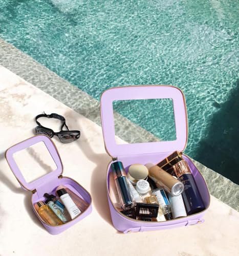 Travel Clear Makeup Bag Set, TSA Approved Cosmetic Bag Case with Zipper Portable Makeup Pouch Toiletry Bag Traveling Cosmetic Organizer Storage Bag Car Organizer Car Essentials - color: Mini + XL Luxe Purple