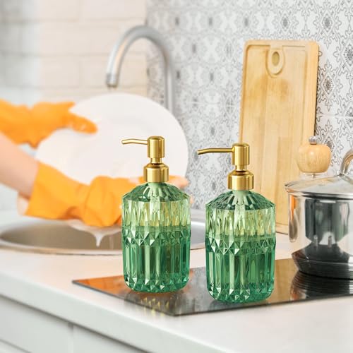 AmazerBath Soap Dispenser, 2 Pack Green Glass Soap Dispenser with Pump Stainless Steel, 14.2OZ Luxury Gold Hand Soap Bottles Bathroom Kitchen - color: Green & Gold - 2 Pack