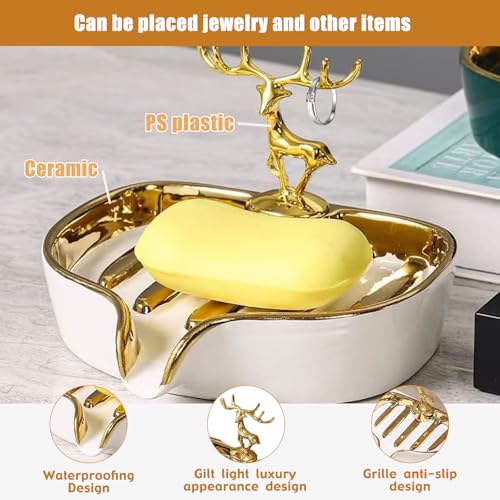 Soap Dish, Luxurious Ceramic Soap Dish Self Draining Soap Holder Tray Easy Cleaning Soap Saver for Shower Bathroom Kitchen Sink Bathtub Hotel Travel（White Painted in Gold） - color: White Painted in Gold