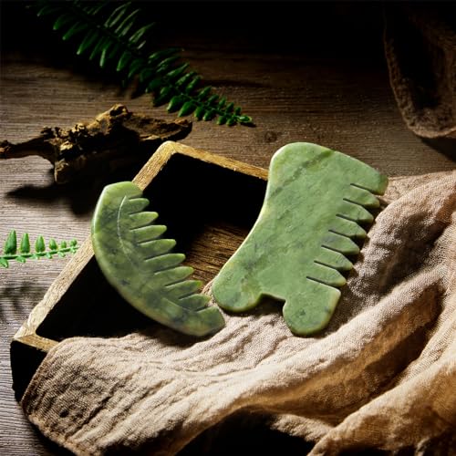 BBTO 2 Pcs Jade Comb for Scalp Massage Gua sha Comb for Head Body spa Hair Multifunctional Handheld Massage Tools(Round, Classic Style) - style: Round, Classic Style