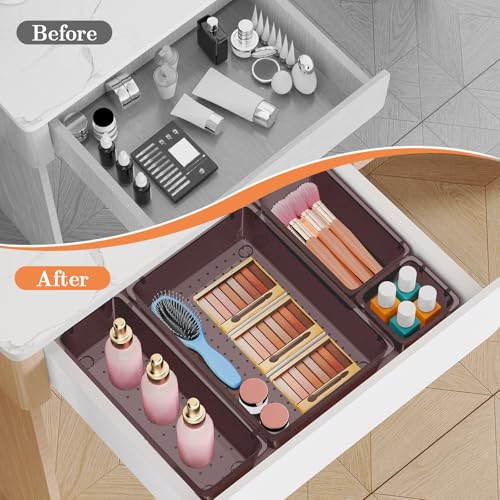 SpaceHacks 25 PCS Plastic Drawer Organizer Set, 4-Size Versatile Organizer Trays & storage Bins for Makeup, Jewelry, and Gadgets in Bathroom, Bedroom and Office,Brown - color: Brown