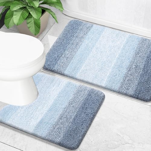 OLANLY Bathroom Rug Set 2 Piece, Soft Absorbent Microfiber Bath Mats and U-Shaped Contour Toilet Rug, Non-Slip, Machine Wash Dry, Plush Shaggy Bath Mats for Bathroom (24"x16"+24"x20", Blue) - color: Blue, size: 24" X 16" + U24" X 20"
