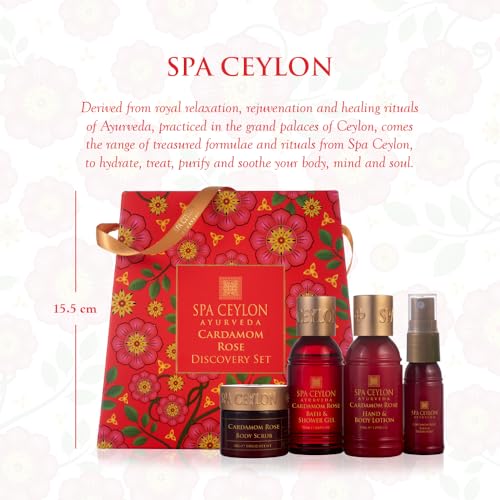 Spa Ceylon Ayurveda Cardamom Rose Discovery Set – 4-Piece Natural Uplifting Spa Gift Set with Himalayan Rose & Organic Ceylon Cardamom - Bath Gel, Body Lotion, Pillow Mist & Scrub