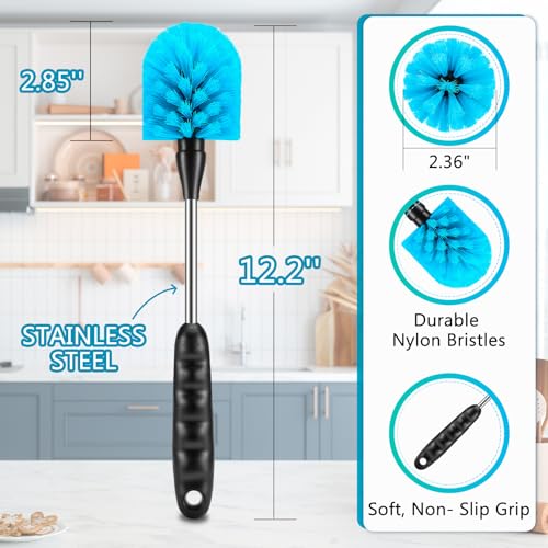 12.2 inch Bottle Brush Set of Three，Washable Coffee Cups, Water Bottles, Baby Bottles, Straws, to-go Cups, Long-Handled 3-in-1 Stainless Steel Bottle Brushes. (Black) - color: Black