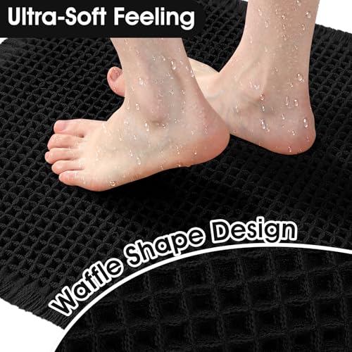Upgraded Waffle Bath Mat, 36"x24" Black & White, Super Absorbent Non-Slip Quick Dry Bathroom Rugs with Tassels, Machine Washable Ultra Soft Boho Bath Rugs for Floor, Toilet Mats Boho Farmhouse Decor - color: Black & White, size: 2' x 3' (Rectangular)