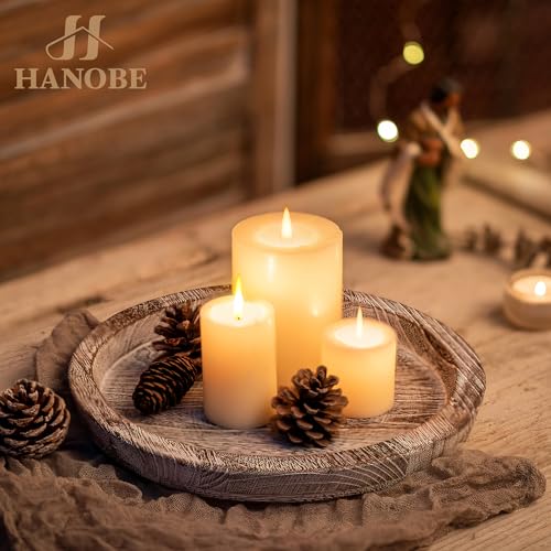 Hanobe Decorative Tray for Coffee Table: Round Candle Plate Holder Centerpieces for Dining Room Kitchen - Wooden Farmhouse Tray Vintage Home Decor - color: White Washed