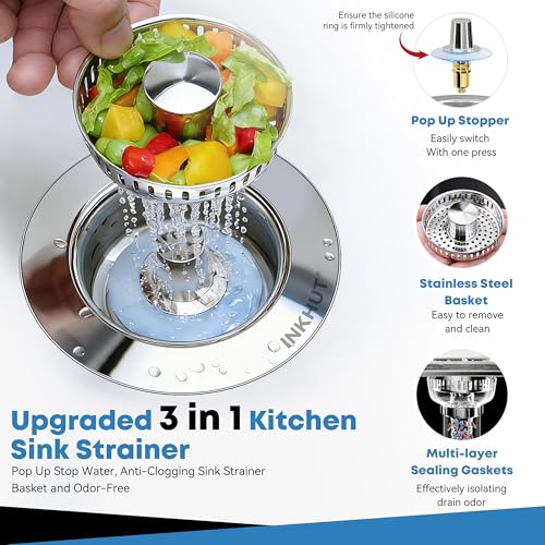 Upgraded 3 in 1 Kitchen Sink Drain Strainer - Stainless Steel Sink Stopper, Anti-Clogging Sink Food Catcher Basket, Fast Drainage Odor Filter Sink Plug for US Standard 3 1/2 inch Drain (Silver-1Pack) - color: Silver-1pack