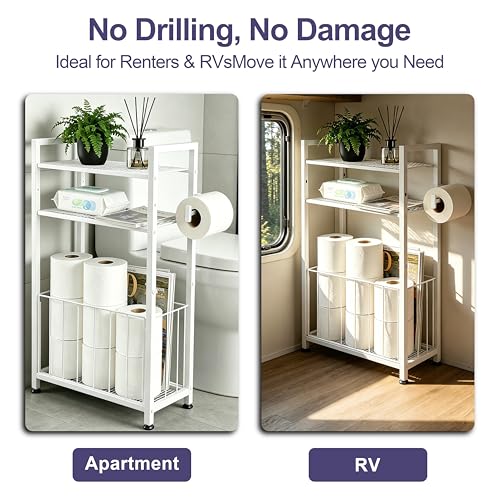 Freestanding Toilet Paper Holder with Shelf, Holds 6–9 Rolls, Space-Saving Bathroom Organizer for Small Spaces, Toilet Roll Holder Stand Keeps Rolls Clean & Dry, White - color: White