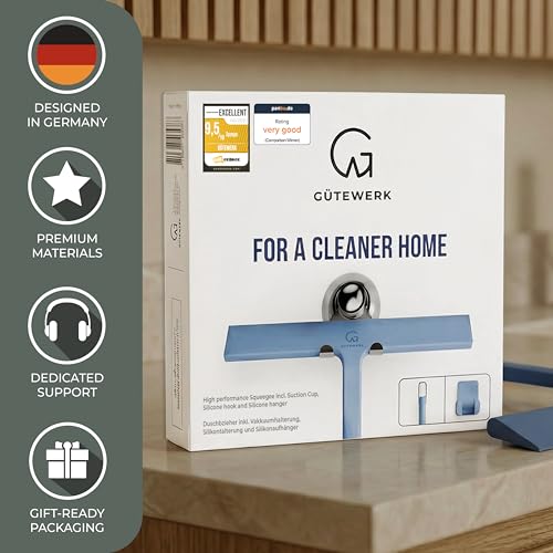 GÜTEWERK Silicone Shower Squeegee for Glass Doors & Mirrors with Stainless Steel Core, Streak-Free & No-Squeak Window Cleaning, 3-in-1 No-Drill Mount (Hook/Suction/Adhesive),Blue, 9 Inches - color: Blue, size: 9 Inches