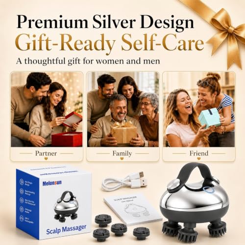 Electric Scalp Massager for Stress Relief, Anti-Tangle 360° Deep Kneading, IPX7 Waterproof for Wet & Dry Use, USB-C Rechargeable, 3 Modes, 15-Min Auto-Off, 2 Claw Sets for Massage & Cleansing