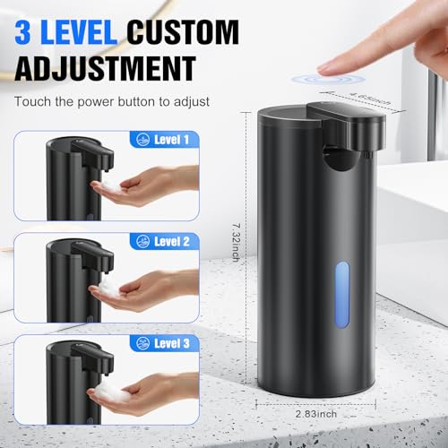 Fantictas Touchless Foaming Soap Dispenser, Stainless Steel Automatic Foam Soap Dispenser, USB-C Rechargeable Sensor Pump with 3 Adjustable Levels, 11.5 oz for Bathroom & Kitchen - color: Black, style: Foam